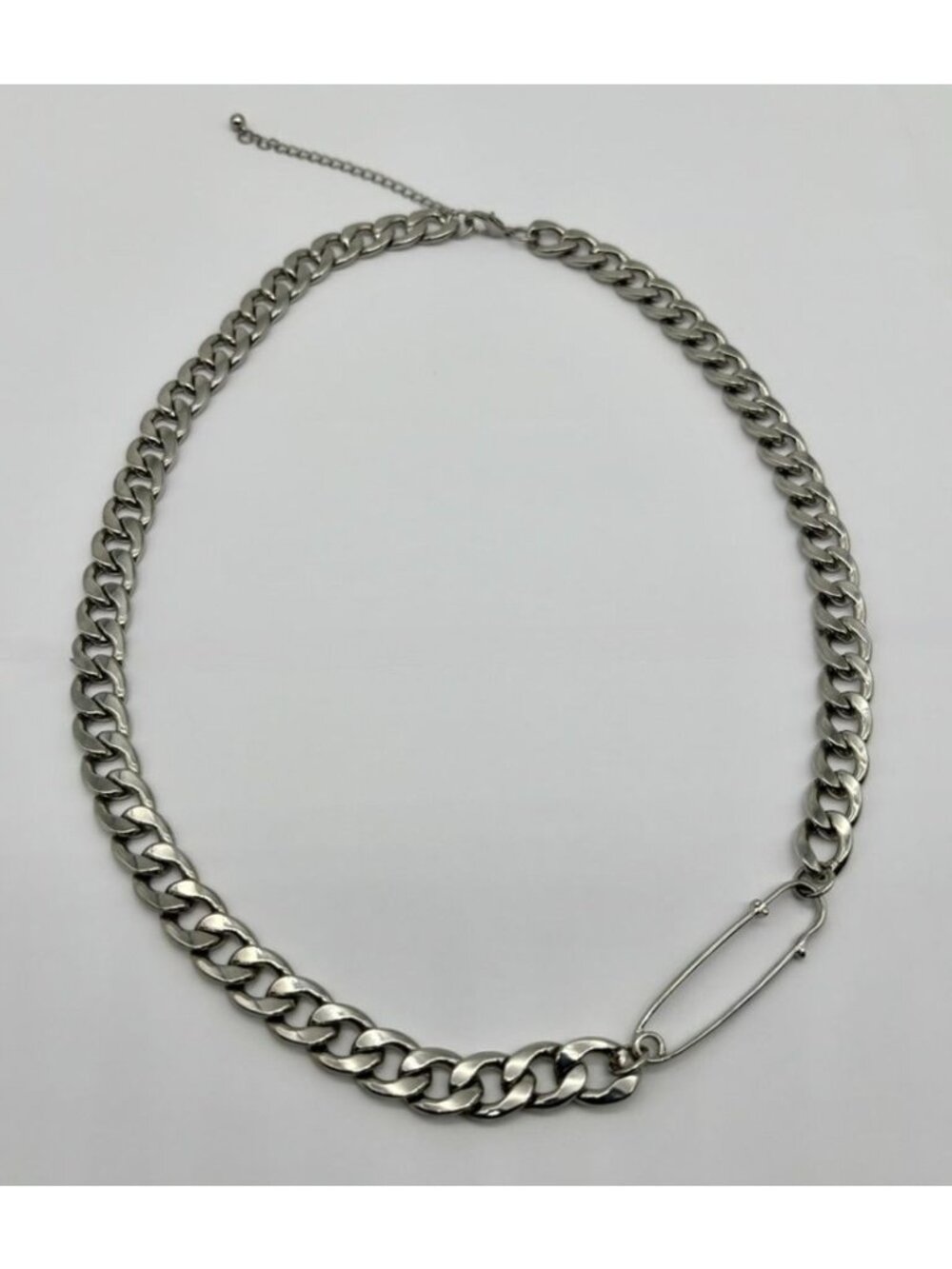 Chunky Silver-Tone Cuban Link Chain Necklace W/Faux Safety Pin Accent Adjustable - Picture 6 of 11